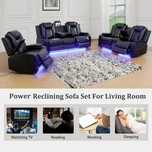 Miniatura 8 de Juego de sofá reclinable eléctrico, sofás reclinables de cuero negro, 3 piezas de sofá reclinable de cuero de aire y silla de dos plazas con luces