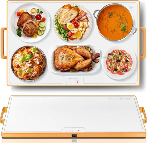 Bandeja calentadora de alimentos (XL 24"x16"), calentadores de alimentos para fiestas, buffet y uso diario, bandeja calentadora eléctrica de Blanco