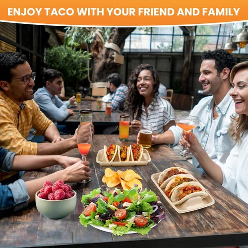Miniatura 7 de 25 soportes desechables para tacos para fiestas, platos de taco de fibra de pulpa de bagazo con 3 divisores, soporte para bandeja de tacos