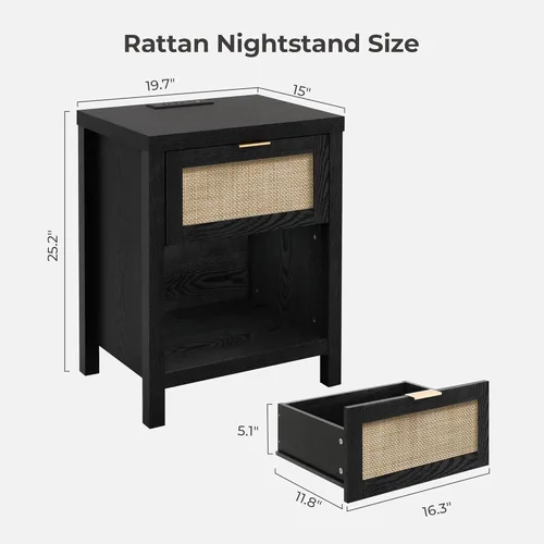Miniatura 2 de SICOTAS Juego de 2 mesitas de noche negras con estación de carga, mesita de noche de ratán con cajón, moderna mesita de noche con puertos USB y tipo