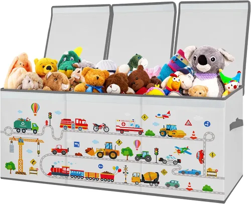 Miniatura 12 de decalsweet Caja de juguetes para niños, contenedor de almacenamiento plegable con asas para tapas para niños y niñas, caja organizadora de juguetes