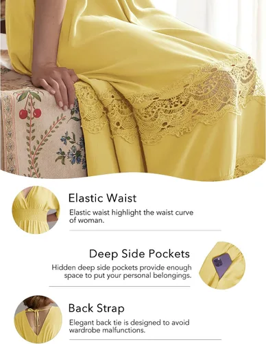 Miniatura 52 de Vestido largo de encaje para mujer de manga corta y cuello en V, vestido de fiesta estilo bohemio con cintura fruncida, vestido bohemio para mujer