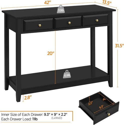 Miniatura 3 de Topeakmart Mesa consola con estante de almacenamiento y 3 cajones, mesa de sofá de 2 niveles para entrada/pasillo/sala de estar, material de madera