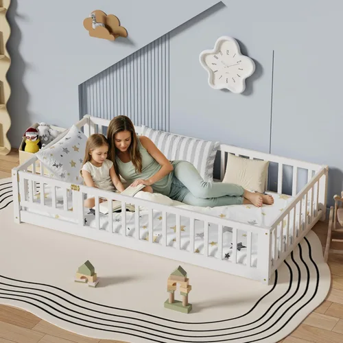 Miniatura 14 de Marco de cama Montessori de madera de tamaño individual con listones de madera, valla y puerta para niños, niñas y niños, espresso