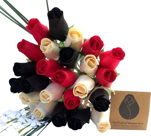 Miniatura 14 de Rojo con puntas negras y ramo de rosas de madera blanca (2 docenas)