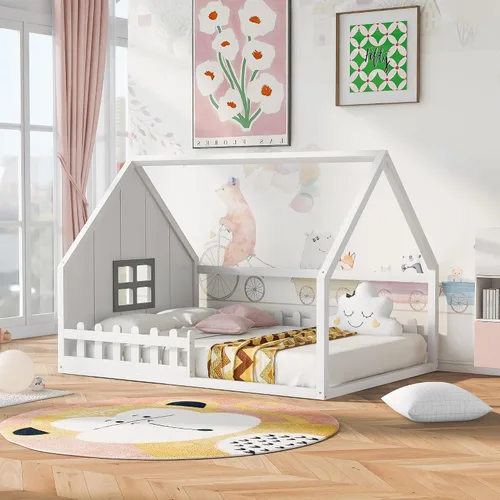 Miniatura 11 de Marco de cama para niños, marco de cama en forma de casa, cama de madera de tamaño individual con valla para niños, adolescentes, niñas, niños