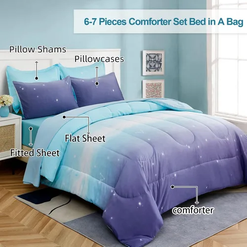 Miniatura 63 de Dinjoy Juego de edredón para niñas, tamaño individual, colorido, azul, rosa, morado, arcoíris, juego de ropa de cama de 6 piezas en una bolsa