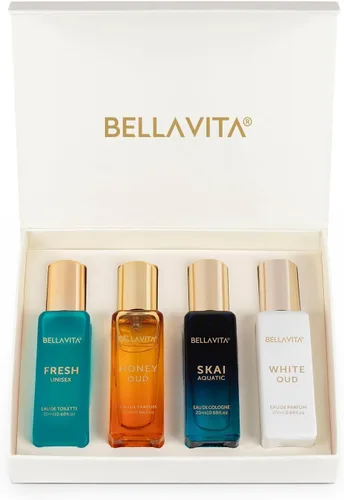 BellaVita - Juego de regalo de colonia unisex de lujo (4 x 0.7 fl oz), fragancias que incluyen Honey OUD, SKAI, FRESH & White OUD | Mini perfumes de