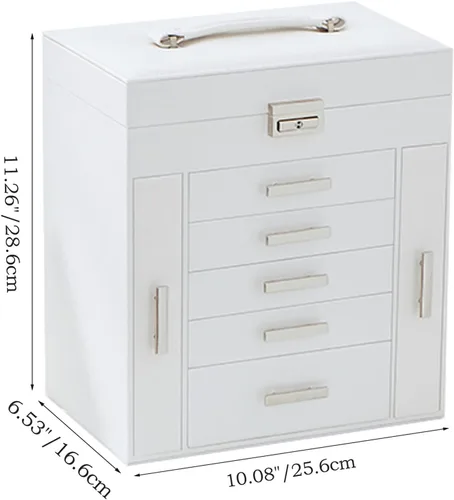Miniatura 6 de ANWBROAD Caja organizadora de joyas Caja de joyería para mujer con cerradura de 6 niveles Caja de almacenamiento de joyería blanca para aretes