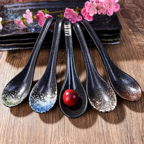 Miniatura 7 de Juego de 5 cucharas de sopa de mango largo japonés y coreano de 7 pulgadas con mango curvo para cucharas de miso pho