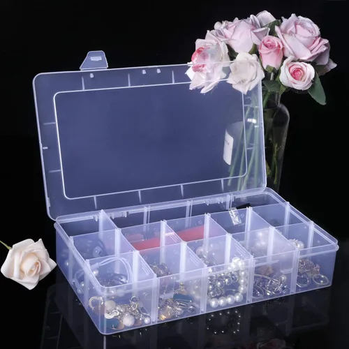 Miniatura 4 de Gospire Organizador de joyería Caja de almacenamiento de plástico transparente con 15 grandes rejillas con divisores extraíbles