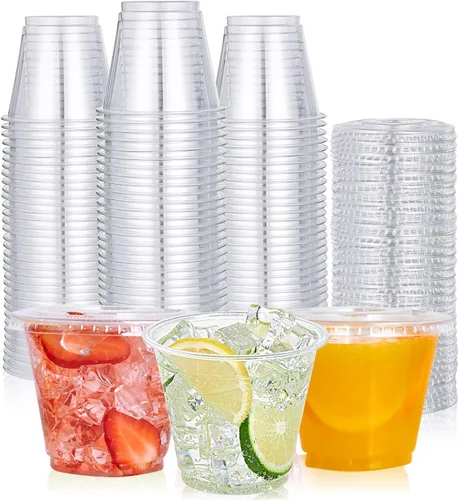 Paquete de 200 vasos de plástico transparente de 9 onzas con tapas planas Tapas planas: 9 oz