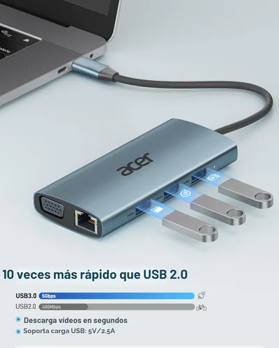 Miniatura 5 de Acer Hub USB C con HDMI 4k, adaptador USB C 9 en 1 a Ethernet, estación de acoplamiento USBA 3.0 de 5 Gbps, divisor VGA, lector de tarjetas SD, Gris