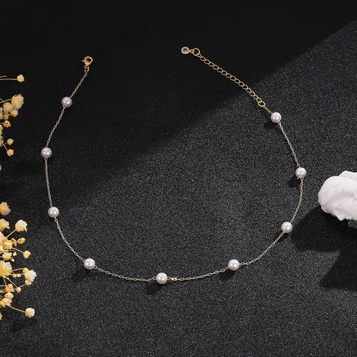 Miniatura 7 de Gargantilla de perlas para mujer, delicada cadena de perlas chapada en oro de 14 quilates, joyería de oro simple y moderna, regalo para niñas