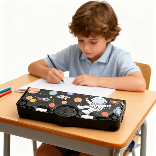 Miniatura 5 de Estuche multifunción para niños y niñas, bonita caja organizadora de lápices de dibujos animados con sacapuntas, tijeras y regla, regalos de Negro