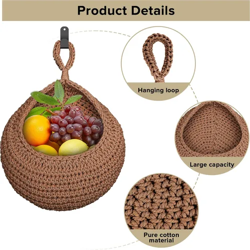 Miniatura 3 de 6 cestas de frutas colgantes de pared para cocina, cesta colgante bohemia con 12 ganchos fuertes, almacenamiento de cocina, verduras, frutas, papas