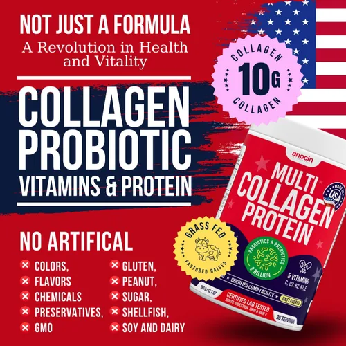 Miniatura 7 de anocin Péptidos de colágeno múltiple con prebióticos + probióticos + tipo I, II, III, V, X + polvo de colágeno hidrolizado con vitamina C+D3+B7+K2+E