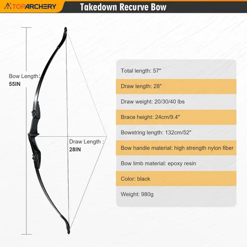 Miniatura 8 de TOPARCHERY Archery 57" Takedown Youth Recurve Bow Hunting Black Long Bow for Beginner Teenagers Right Left Hand Black - Draw Weight 20lbs 30lbs 40lbs