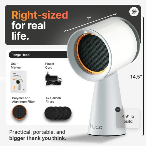 Miniatura 7 de TUCO Campana extractora portátil, ventilador de escape de cocina de escritorio con 3 velocidades, polímero de triple filtro, aluminio y carbono, Gris