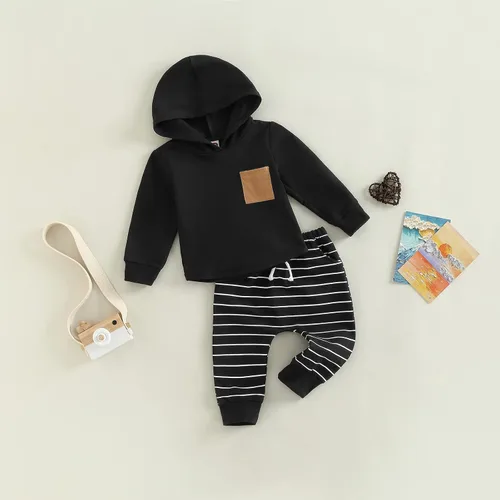 Miniatura 67 de Ropa de bebé niño 3 6 9 12 18 24M 3T Conjunto de pantalones con capucha patchwork sudadera con capucha pantalones de rayas traje de otoño invierno