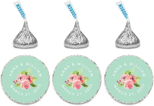 Miniatura 38 de Andaz Press Etiquetas personalizadas de gota de chocolate para boda, nombres y fecha redondos de novios, azul bebé, paquete de 240, personalizadas
