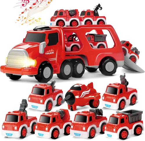 MindPal Camión de Bomberos de Juguete para Niños Pequeños de 3 4 5 6 7 Años, Set de Vehículo Transportador de Camión de Bomberos 8-en-1 para Niños