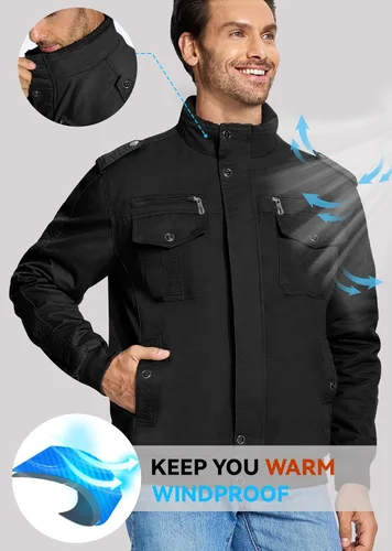 Miniatura 3 de EKLENTSON Chaqueta térmica gruesa de invierno para hombre con múltiples bolsillos con cremallera frontal forro polar chaqueta militar para hombre