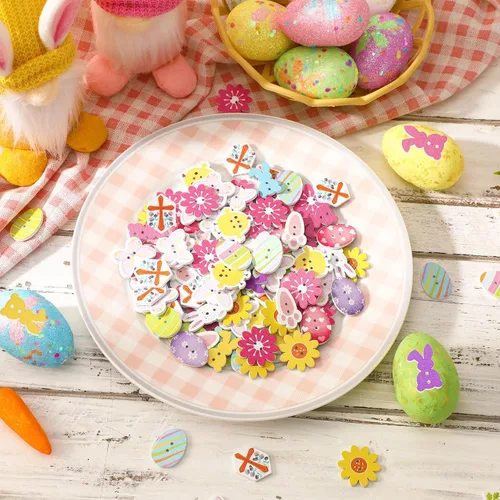 Miniatura 5 de JUNEBRUSHS 260 Botones de Madera de Pascua de 2 Agujeros Flores Mariposas Cruces Pollitos Zanahorias Conejo Botones de Costura de Madera para Rosa