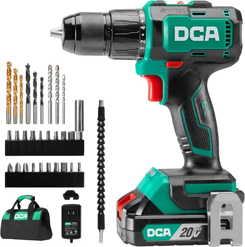 DCA Taladro de Martillo Sin Escobillas de 20V Inalámbrico, Taladro de Impacto de 492 Pulgadas-Libras de Torque, Portabrocas de Metal sin Llave de