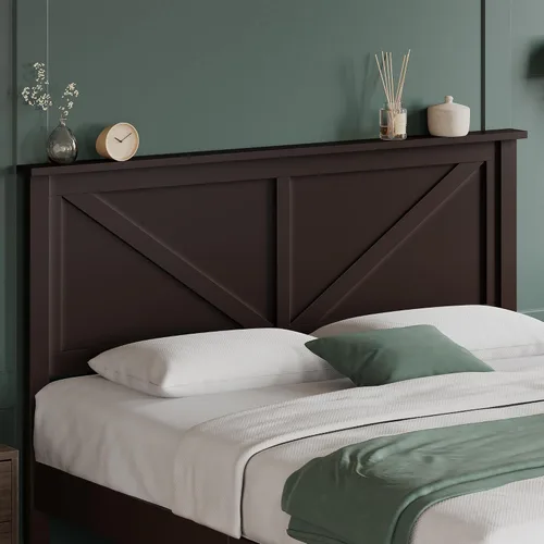 Miniatura 4 de Yaheetech Cama de madera tamaño matrimonial, marco de cama de madera de caucho espresso con cabecera diseñada en V, listones de soporte de madera