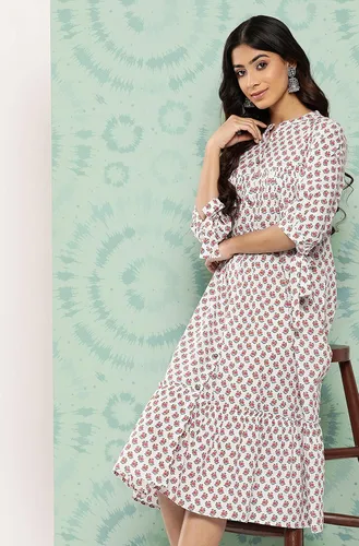 Miniatura 5 de Janasya Vestido de playa de algodón blanco para mujer, estilo casual, estampado floral, cuello mandarín, bohemio, manga atada, para playa