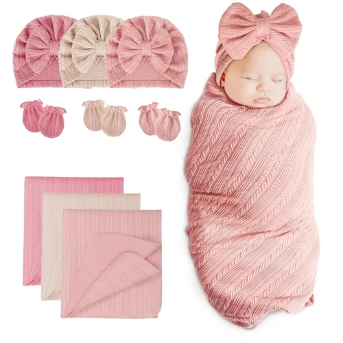 Miniatura 10 de DRESHOW BQUBO Manta para Recién Nacido con Sombrero de Moño y Guantes de Algodón, Manta de Envoltorio para Bebé Cálido, Saco de Dormir para Bebé