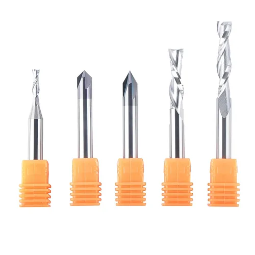 SpeTool Juego de brocas de enrutador CNC, 5 piezas, broca de 1/4 pulgadas, vástago hacia arriba, corte hacia abajo, ranura en V para carpintería