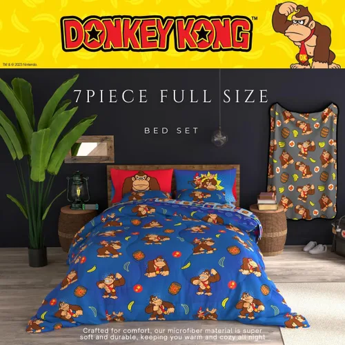 Miniatura 4 de Franco - Collectibles - Ropa de cama de Donkey Kong de Nintendo - Juego de 7 piezas con edredón reversible y sábanas supersuaves, con funda Rojo