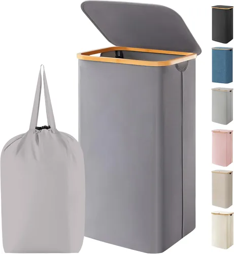 Lifewit - Cesta de ropa sucia de 100L con tapa, cestos para la ropa con asas de bambú y una bolsa extraíble, cesto grande plegable para la ropa para