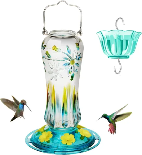 Miniatura 10 de Kingsyard Comedero para colibríes para colgar al aire libre, 25 onzas, alimentador de néctar de vidrio para colibríes con foso de hormigas y 6 Royal