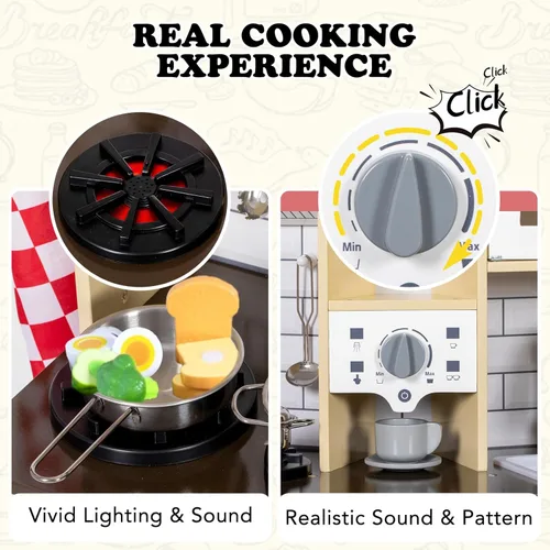 Miniatura 3 de BRINJOY Juego de cocina para niños, cocina de madera para niños con grifo, fregadero, estufa, horno, utensilios de cocina, gabinetes de Blanco