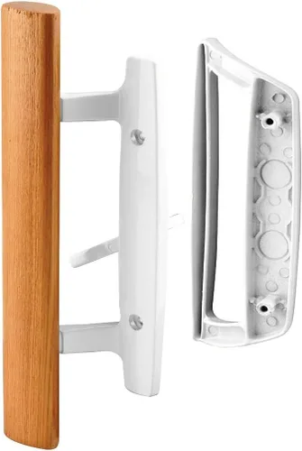 Juego de manijas de puerta corrediza de patio reversible estilo mortaja con manija interior de madera de roble y tirador exterior en acabado de
