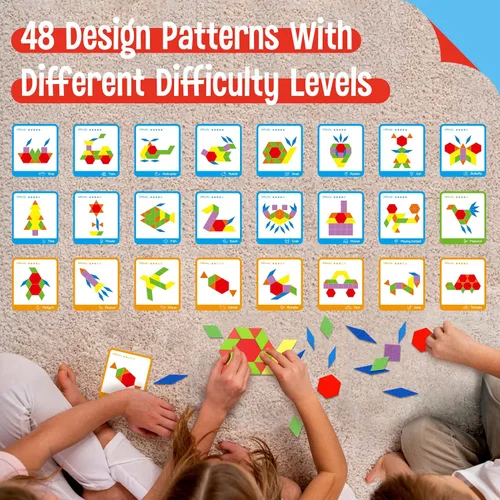 Miniatura 3 de 155 PIEZAS Juego de Bloques de Patrón de Madera, 24 Tarjetas de Diseño Doble Cara (48 Patrones) Rompecabezas de Forma Geométrica Divertido Tangram