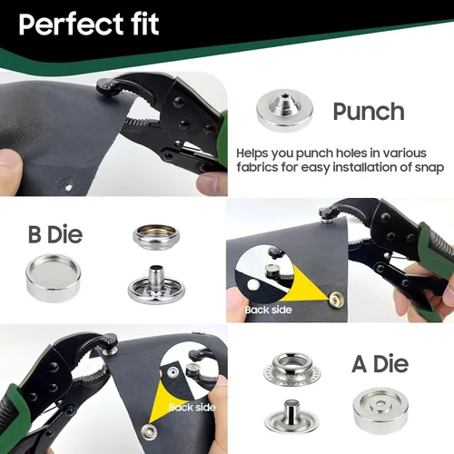 Miniatura 6 de Kit de herramientas de cierre a presión resistente, función de perforación, herramienta de botón a presión con ajuste ajustable, herramienta a