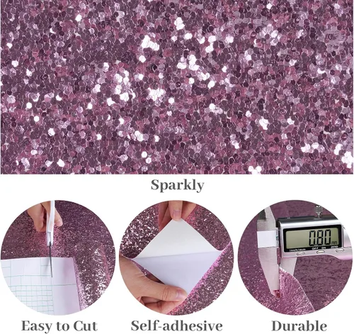 Miniatura 8 de VaryPaper Papel tapiz rosa claro con purpurina gruesa de 15.7 x 78.7 pulgadas, papel de contacto con purpurina rosa para paredes, papel de pared
