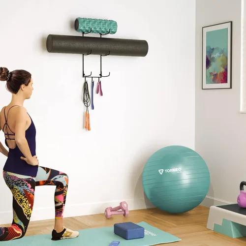 Miniatura 6 de Wallniture Guru - Rodillo de espuma y toallero de pared con 3 ganchos para colgar correa de yoga y bandas de resistencia, metal de 3 secciones Negro