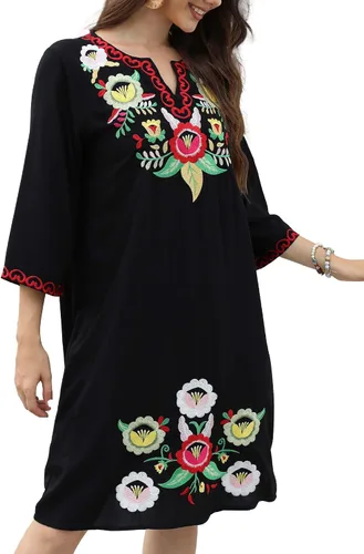 Miniatura 3 de Vestido bordado mexicano para mujer, vestidos bordados florales para mujer, estilo bohemio, campesino, manga 34, vestido de fiesta, falda casual