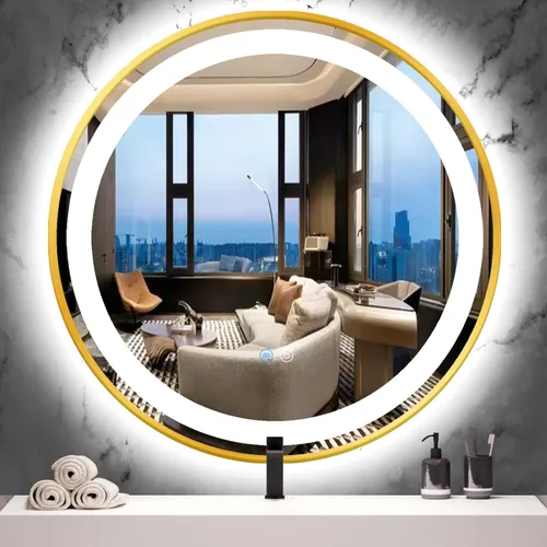 Miniatura 8 de Espejo de tocador redondo dorado con luces, luz frontal regulable de 3 colores, marco dorado de 16 pulgadas, espejo redondo iluminado para baño
