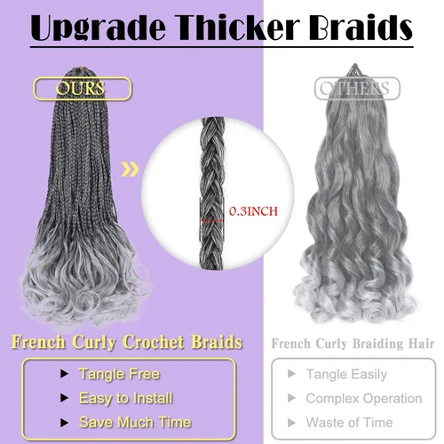 Miniatura 5 de Trenzas de ganchillo rizadas francesas de 22 pulgadas, 8 paquetes, trenzas de caja diosa grises para mujeres, de ganchillo pre-trenzadas con Trenzas