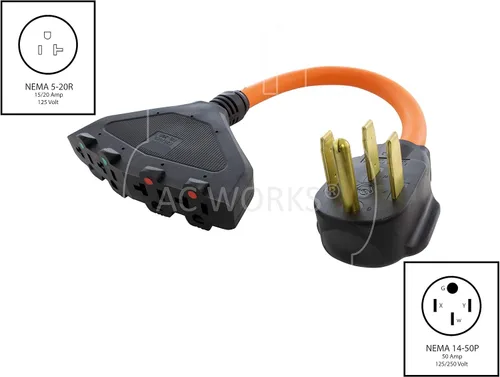 Miniatura 2 de AC WORKS Cable adaptador hembra doméstico de 4 clavijas de 220 voltios a 120 voltios 15/20 amperios (4 clavijas 14-50 salidas a (4) hogares)