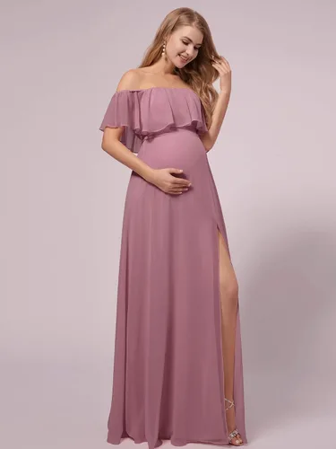 Miniatura 3 de Ever-Pretty Vestido de fiesta de embarazo con hombros descubiertos y abertura lateral de gasa larga con volantes para mujer, vestidos de fotografía