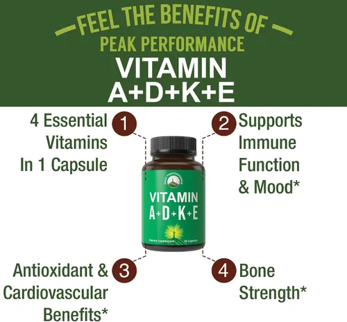 Miniatura 2 de Peak Performance Vitaminas D 5,000 UI + A + K + E Todo en 1 Cápsula Vegana Fácil de Tragar. Suplemento Vitamínico ADK con E D3 K2. Vitaminas