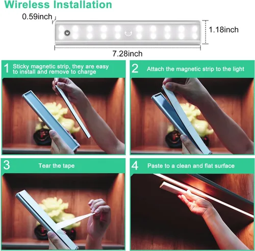 Miniatura 6 de Iluminación para debajo del gabinete, inalámbrica, recargable, funciona con pilas, luces LED regulables debajo de la encimera, barra de luces