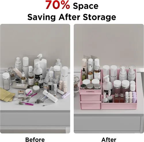 Miniatura 7 de DancesCat Organizador de maquillaje rosa y 2 cajones en mostrador, organizador de tocador con 7 compartimentos y 2 cajones para cosméticos, cuidado